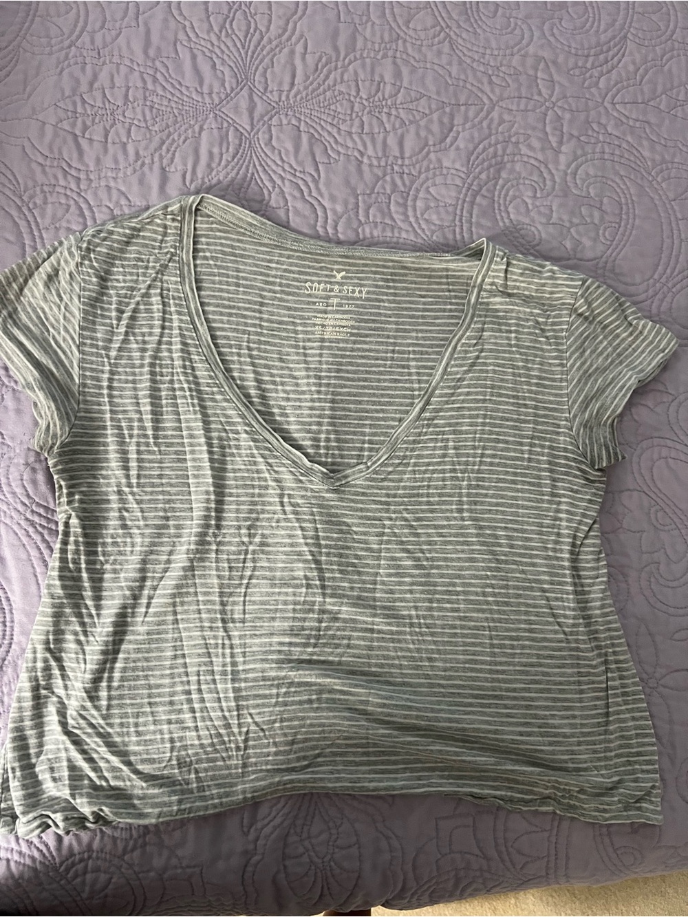 American Eagle Outfitters Gray & White Striped V‑Neck Tee